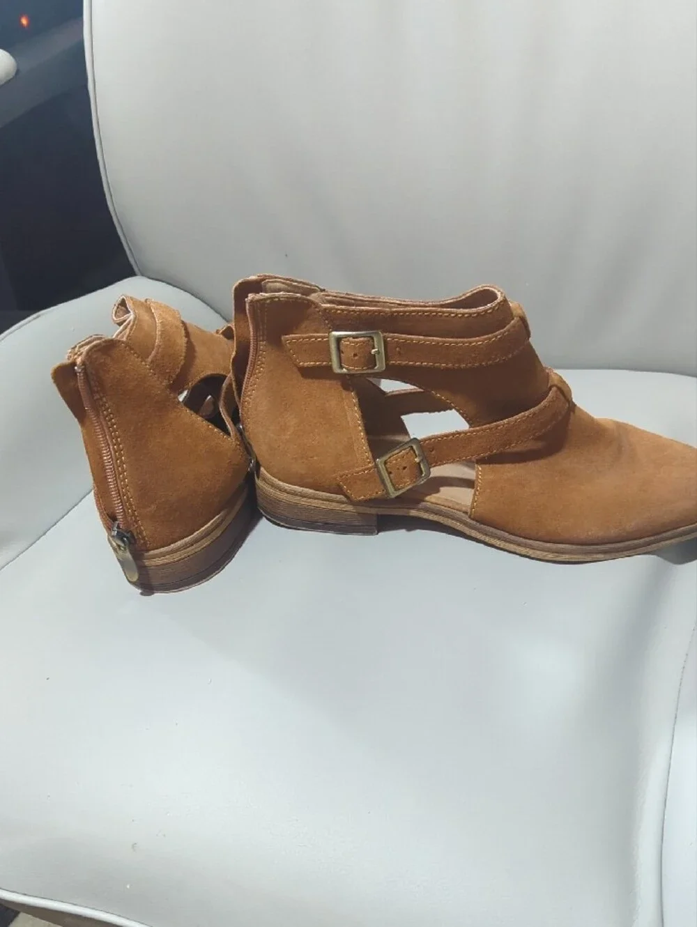 Chinese Laundry Tan Suede Cutout Strap Ankle Booties